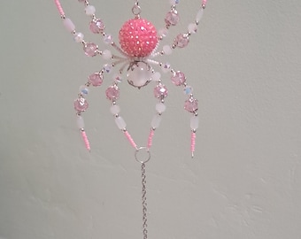 Handmade Beaded Spider Suncatcher, Crystal Glass Beads, Poseable Legs, Rearview Mirror Charm
