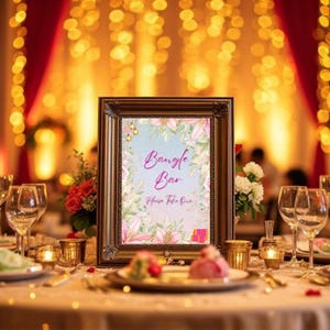 May include: A framed sign with the words "Bangle Bar" in pink script, surrounded by floral illustrations. The sign is on a table set for an event, with candles, flowers, and glassware.