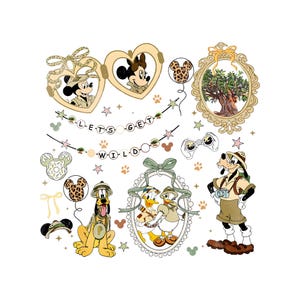 May include: A collection of Disney-themed safari-style illustrations. Mickey and Minnie Mouse are featured in heart-shaped frames, along with Pluto, Donald, and Daisy Duck. The phrase "LET'S GET WILD" is spelled out with beads.