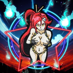 May include: Embroidered patch featuring a female anime character with red hair and yellow eyes. The character is set against a backdrop of a red star, blue and red neon circles, and a fiery sky. The patch has a black border.