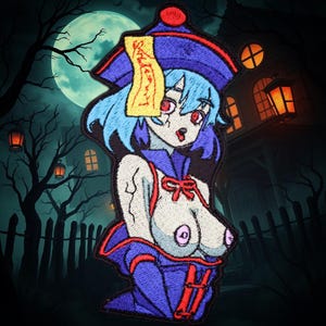 May include: Embroidered patch featuring a zombie anime girl with blue hair, red eyes, and a traditional Chinese hat. The patch has a white and purple color scheme with red accents. The background shows a spooky Halloween scene with a full moon and a haunted house.