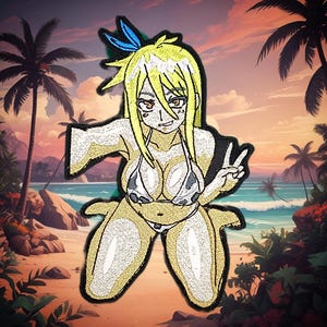 May include: Embroidered patch featuring an anime-style character in a bikini, with yellow hair and a blue bow. The patch is set against a beach scene with palm trees, sand, and ocean waves. The character is making a peace sign.