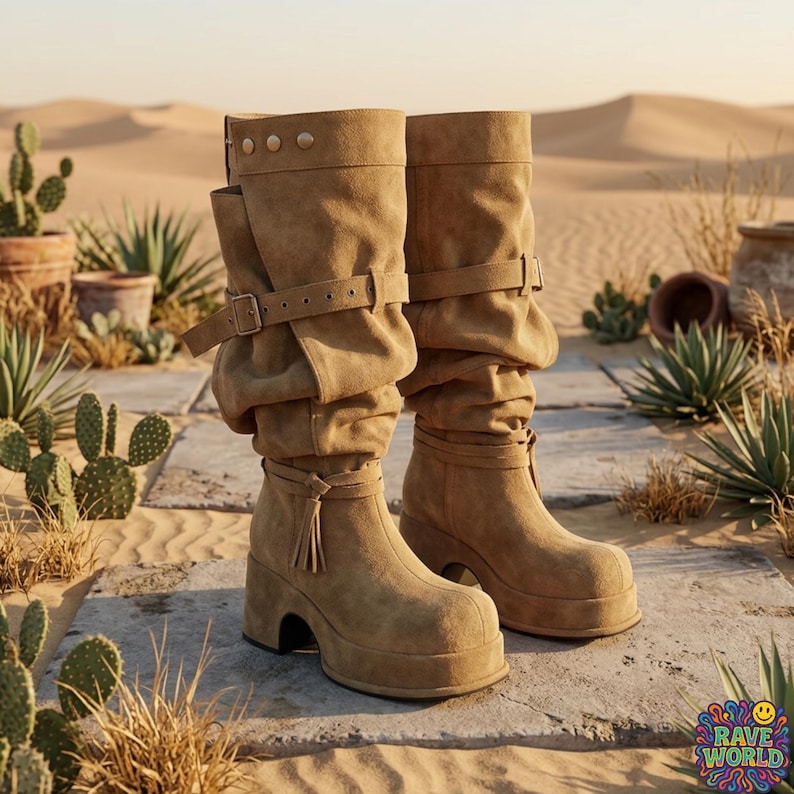 A close-up of a person walking in a desert landscape wearing tall, slouchy, tan microfiber leather boots. The boots feature a rugged design with multiple straps, brass buckles, and stud detailing on a thick platform sole. The person is styled in light-wash denim jeans and a leather wristband. The background shows a sunlit trail with Joshua trees, cacti, and distant mesas, highlighting the boots' durable, adventurous, and boho-western aesthetic.