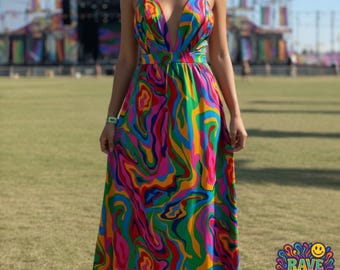 Vestido largo abstracto: vestido bohemio sin mangas multicolor vibrante