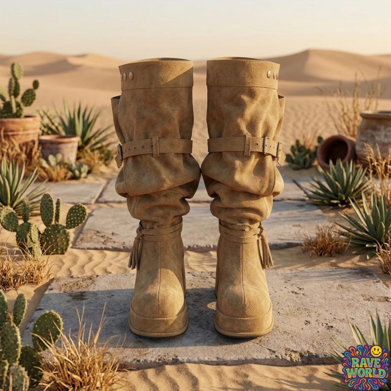 A close-up of a person walking in a desert landscape wearing tall, slouchy, tan microfiber leather boots. The boots feature a rugged design with multiple straps, brass buckles, and stud detailing on a thick platform sole. The person is styled in light-wash denim jeans and a leather wristband. The background shows a sunlit trail with Joshua trees, cacti, and distant mesas, highlighting the boots' durable, adventurous, and boho-western aesthetic.