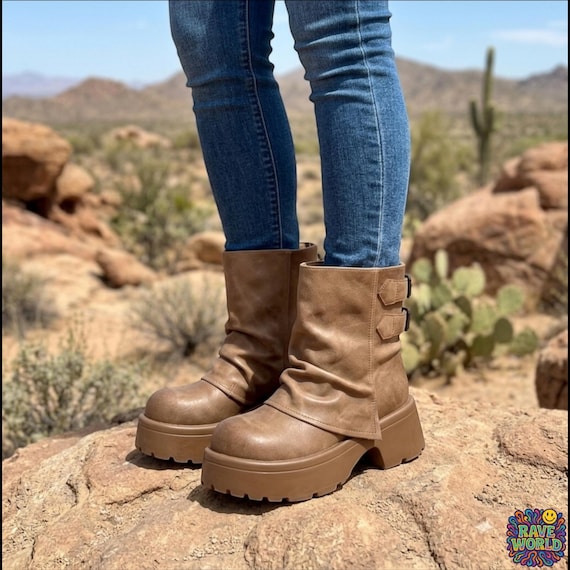 Tan Slouchy Platform Boots: Microfiber Leather, Chunky Lug Sole Ankle Booties