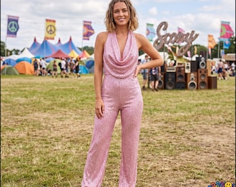 Pink Sequin Rave Jumpsuit, Festival Outfit for Women, Disco Party Wear