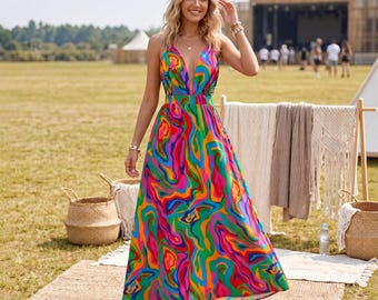Y2K Forever 21 Strapless Maxi Dress Size S Boho Groovy Psychedelic Print