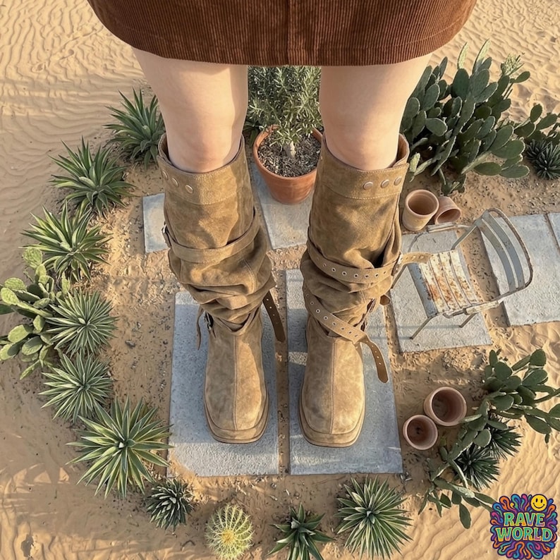 A close-up of a person walking in a desert landscape wearing tall, slouchy, tan microfiber leather boots. The boots feature a rugged design with multiple straps, brass buckles, and stud detailing on a thick platform sole. The person is styled in light-wash denim jeans and a leather wristband. The background shows a sunlit trail with Joshua trees, cacti, and distant mesas, highlighting the boots' durable, adventurous, and boho-western aesthetic.
