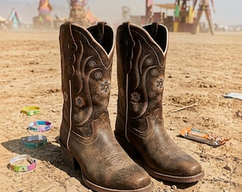 Festival Cowboy Boots, Distressed Faux Leather Western Gift For Her