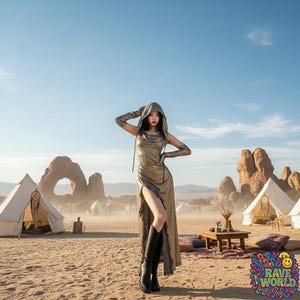 May include: A gold-colored hooded dress with matching gloves and black boots. The dress has a high slit and is worn in a desert setting with tents and rock formations in the background. The image includes the text "RAVE WORLD".