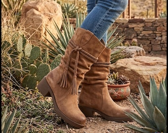Botas holgadas de imitación de gamuza color camel – Borla trenzada, tacón de bloque, estilo western