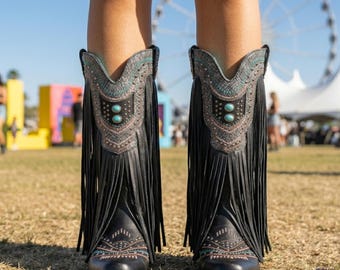 Kowbojskie buty z frędzlami, czarne, ze sztucznej skóry, prezent na festiwal Western Rave