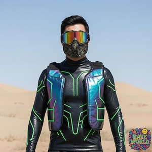 May include: A person wearing a black futuristic outfit with a high collar, iridescent vest, and neon green accents. They are also wearing a face mask and goggles with a rainbow lens. The image is set against a desert backdrop.