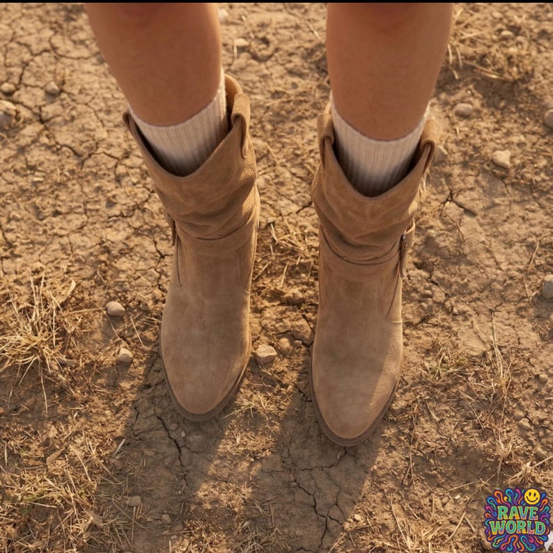 A close-up shot of stylish tan sheepskin and microfiber slouch boots worn at an outdoor music festival. The boots feature a soft, ruched shaft, a pointed toe, and a decorative wrap-around buckle strap. Cream-colored ribbed socks peek out from the top. The background shows a dusty festival ground with a blurred Ferris wheel and crowds under golden hour sunlight, emphasizing a bohemian, desert-chic aesthetic and durable, comfortable design.