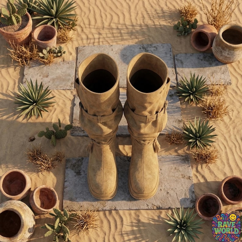 A close-up of a person walking in a desert landscape wearing tall, slouchy, tan microfiber leather boots. The boots feature a rugged design with multiple straps, brass buckles, and stud detailing on a thick platform sole. The person is styled in light-wash denim jeans and a leather wristband. The background shows a sunlit trail with Joshua trees, cacti, and distant mesas, highlighting the boots' durable, adventurous, and boho-western aesthetic.