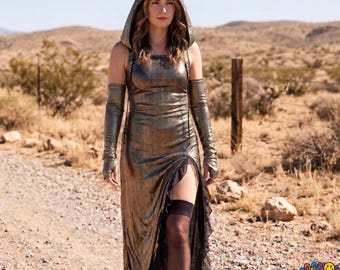 Rave Dress with Gloves Metallic Hooded Gown for Festival Outfits