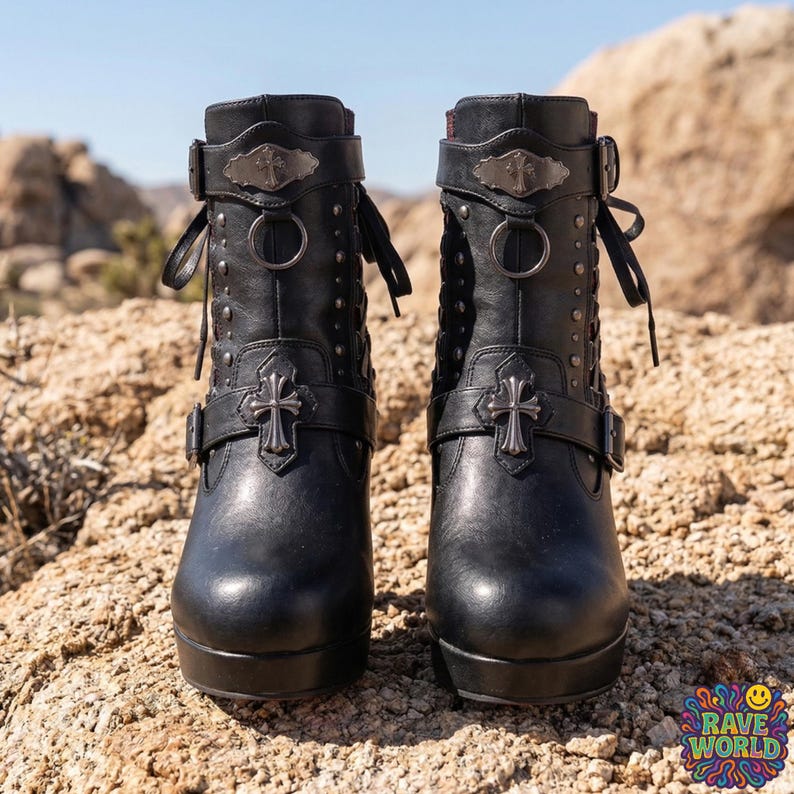 Gemini said
A close-up shot of a person sitting on sun-drenched desert rocks, showcasing edgy black platform ankle boots with chunky high block heels. These gothic-inspired boots feature multiple silver buckles, decorative straps, and eye-catching red mesh detailing along the sides. They boast a thick platform sole and a distinct red contrast on the rear of the heel. The person wears black distressed skinny jeans against a vast and rugged desert environment.