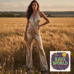 May include: A gold sequined jumpsuit with a halter neck and flared legs. The jumpsuit features a gathered waist detail. The image includes a colourful "Rave World" logo with a smiley face. The background is a field of wheat.