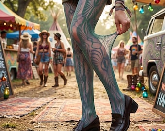 Teal Green Patterned Tights Festival Leggings Bohemian Lace Pantyhose Cottagecore Hosiery Elastic Floral Stockings Hippie Style Outfits