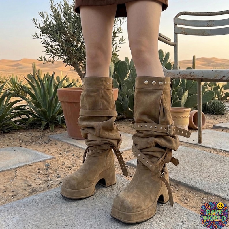 A close-up of a person walking in a desert landscape wearing tall, slouchy, tan microfiber leather boots. The boots feature a rugged design with multiple straps, brass buckles, and stud detailing on a thick platform sole. The person is styled in light-wash denim jeans and a leather wristband. The background shows a sunlit trail with Joshua trees, cacti, and distant mesas, highlighting the boots' durable, adventurous, and boho-western aesthetic.