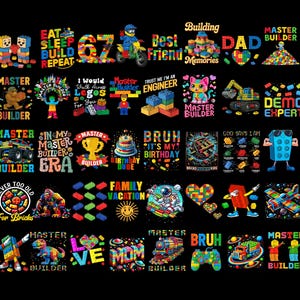 May include: A collection of colorful graphic designs featuring building blocks, text, and various themes. Designs include phrases like "Eat Sleep Build Repeat," "Best Friend," and "Master Builder." The images are vibrant and playful, suitable for children's products.