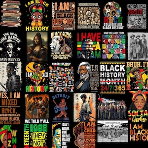 May include: A selection of graphic designs celebrating Black history and culture. The images feature portraits, text, and illustrations, including historical figures, quotes, and symbols. The colour palette includes black, red, green, and yellow.