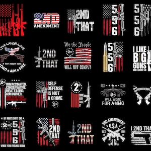 Könnte beinhalten: Eine Sammlung von Grafikdesigns mit Schusswaffen und patriotischen Themen. Designs umfassen die amerikanische Flagge, Gewehre und Texte wie "2nd Amendment", "We the People" und "Self Defense is Not a Crime."