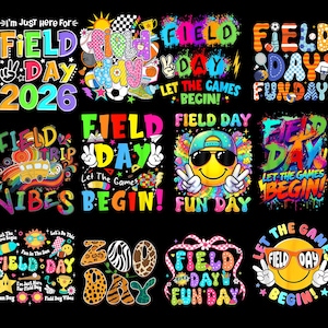 Puede incluir: Una colección de diseños gráficos coloridos con las palabras "Field Day" en varios estilos. Los diseños incluyen equipos deportivos, caras sonrientes y los textos "Let the Games Begin!" y "Fun Day."