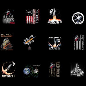 May include: A collection of space-themed designs on a black background. The designs include rockets, the moon, and the text "NASA", "ARTEMIS II", "2026", and "WE ARE GOING!" in various styles. The designs are in white, red, and blue.