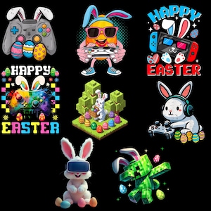 Puede incluir: Una colección de gráficos con temática de Pascua con conejitos y mandos de videojuegos. Los diseños incluyen un conejito con un casco de realidad virtual, un conejito estilo Minecraft y mandos con huevos de Pascua. También están presentes las palabras "Happy Easter".