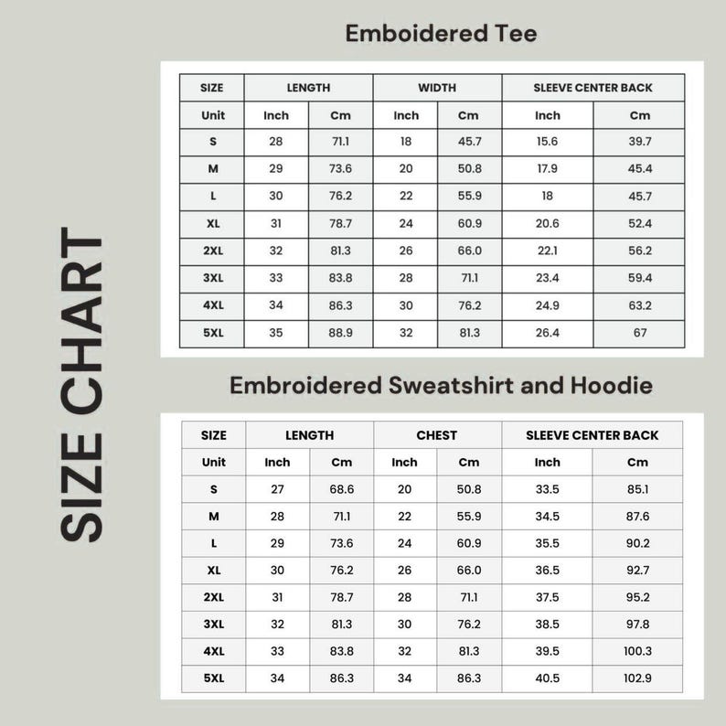 Puede incluir: Tabla de tallas para camisetas, sudaderas y sudaderas con capucha bordadas. La tabla muestra medidas en pulgadas y cent&iacute;metros para las tallas S a 5XL. Las medidas incluyen largo, ancho, pecho y centro de la manga trasera. Tallas de ropa.
