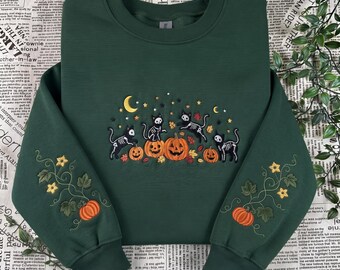 Halloween Black Skeleton Cat and Pumpkins Embroidered Sweatshirt and Hoodie, Autumn Cozy Season Sweater, Thanksgiving Gift