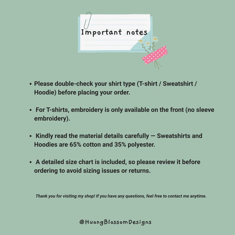 Puede incluir: Un fondo verde claro con una nota blanca que dice "Notas importantes". La nota est&aacute; sujeta con un clip y decorada con un peque&ntilde;o ramo de flores. El texto de la nota incluye detalles sobre tipos de camisas, bordados, materiales y tablas de tallas.