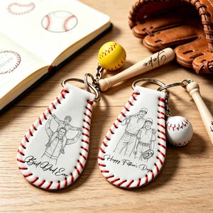 Könnte beinhalten: Zwei weiße Schlüsselanhänger aus Leder in Baseballform mit roten Nähten. Einer zeigt eine Strichzeichnung eines Elternteils, das ein Kind trägt, mit dem Text Best Dad Ever. Der andere zeigt zwei Personen mit dem Text Happy Father's Day.