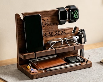Custom Engraved Walnut Wood Desk Caddy, Multi Device Charging Station, Groomsman Gift, Minimalist Vintage Desktop Organizer