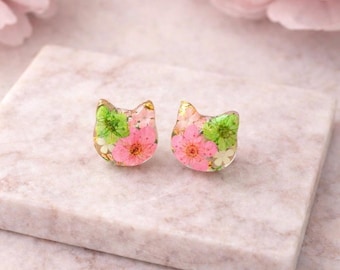 Resin Cat Stud Earrings | Real Pressed Pink Green Floral | Sterling Silver Posts