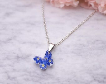 Pressed Forget-Me-Not Flower Butterfly Necklace – Sterling Silver, Botanical Resin Pendant