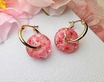 Pink Flower Resin Hoop Earrings | 18k Gold or Silver