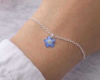 Real Forget Me Not Resin Bracelet | Sterling Silver, Floral Jewelry