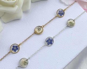 Real Forget-Me-Not Flower Bracelet: Resin Jewelry, Sterling Silver or Gold Chain