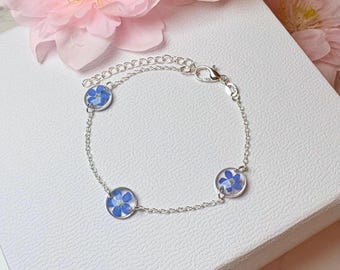 Handmade Forget-Me-Not Bracelet: Sterling Silver or Gold, Pressed Flower Jewelry