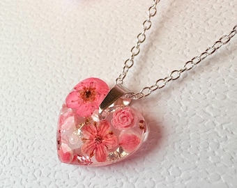 Real Flower Resin Heart Necklace - Sterling Silver, Botanical Jewelry