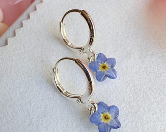 Sterling Silver Forget-Me-Not Earrings | Real Flower Huggie Hoops