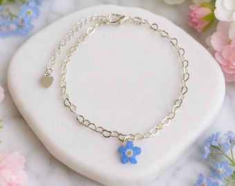 Forget Me Not Bracelet, Real Myosotis, Heart Chain, Dainty Silver Jewellery, Gift for Her