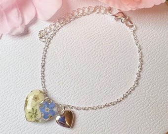 Real Flower Bracelet – Forget Me Not, Baby's Breath, Sterling Silver