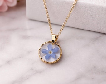 Forget Me Not Resin Pendant Necklace, Botanical Jewelry, Sterling Silver