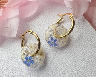 Forget Me Not Resin Hoop Earrings – Floral Donut Style, Pearls & Silver Flakes