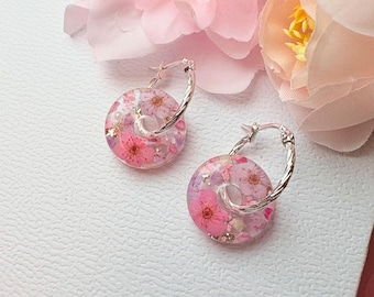 Cherry Blossom Resin Hoop Earrings – Real Flower, Gold Flakes, Sterling Silver