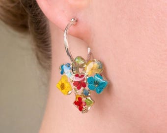Autism Awareness Puzzle Earrings, Real Flower Resin Dangle Hoops